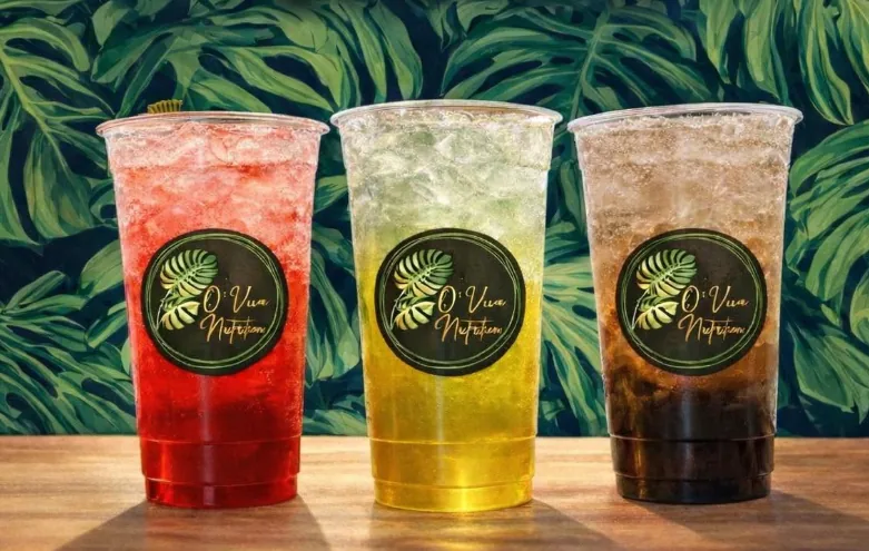 Trois bombes à thé colorées O' Viva Nutrition devant un mur de feuilles tropicales